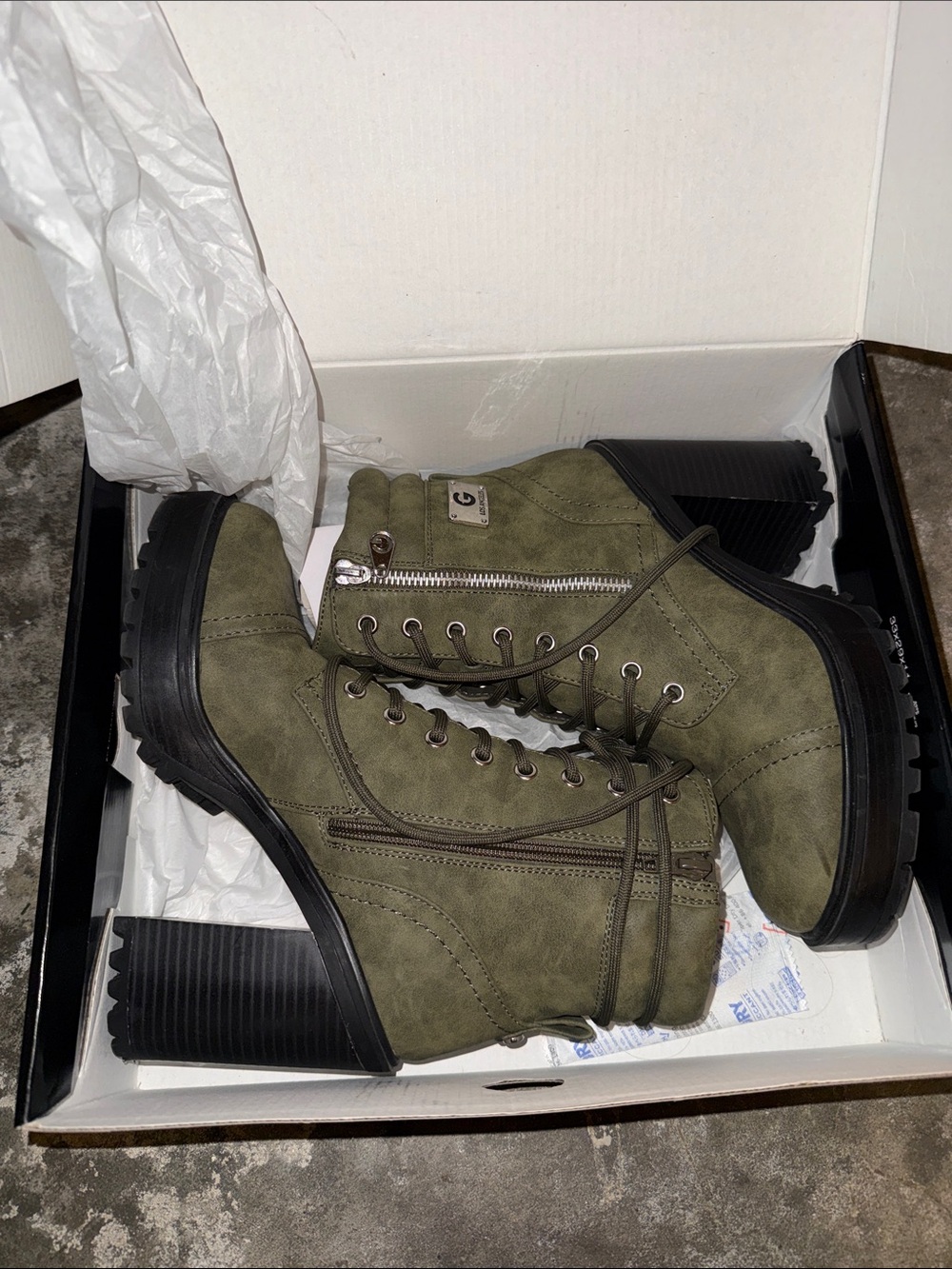 GBG Los Angeles Olive Green Lace-Up Heeled Combat Boots